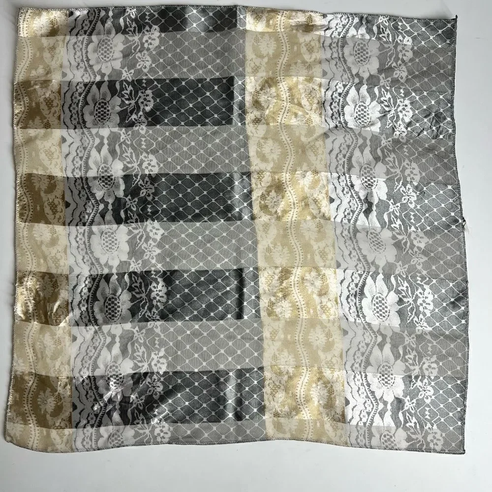 Rare Luxury JACQUARD CHARCOAL BOHEMIAN SCARF PLATINUM GOLD 19”x19”